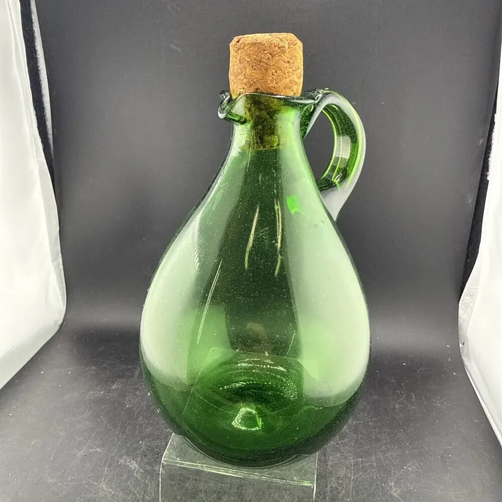 MCM Emerald Green Glass Wine Decanter Carafe with Handle Hand Blown Rough Pontil